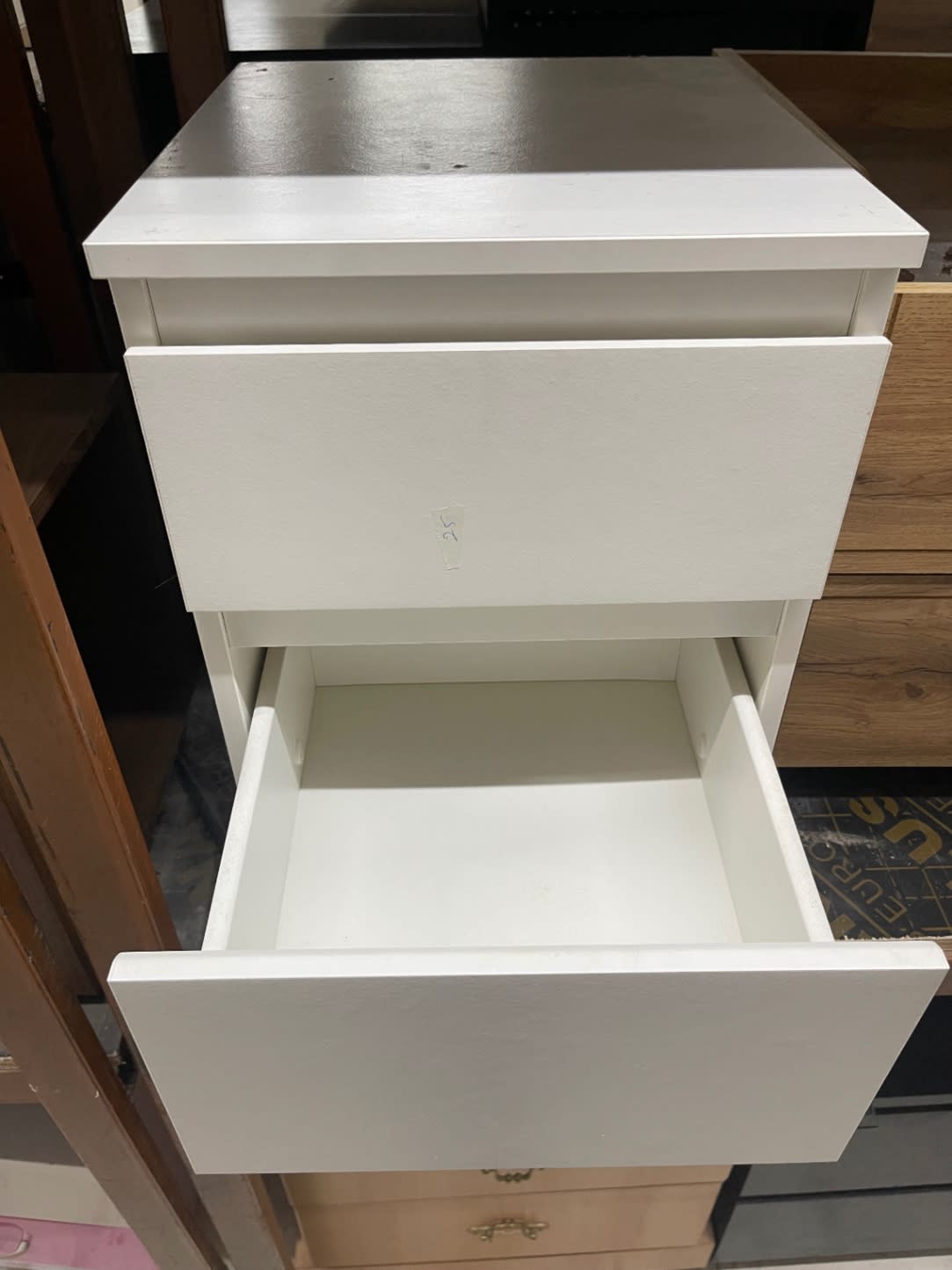 Bufaisal barcode label — barcode unreadable, used white 2-drawer bedside nightstand