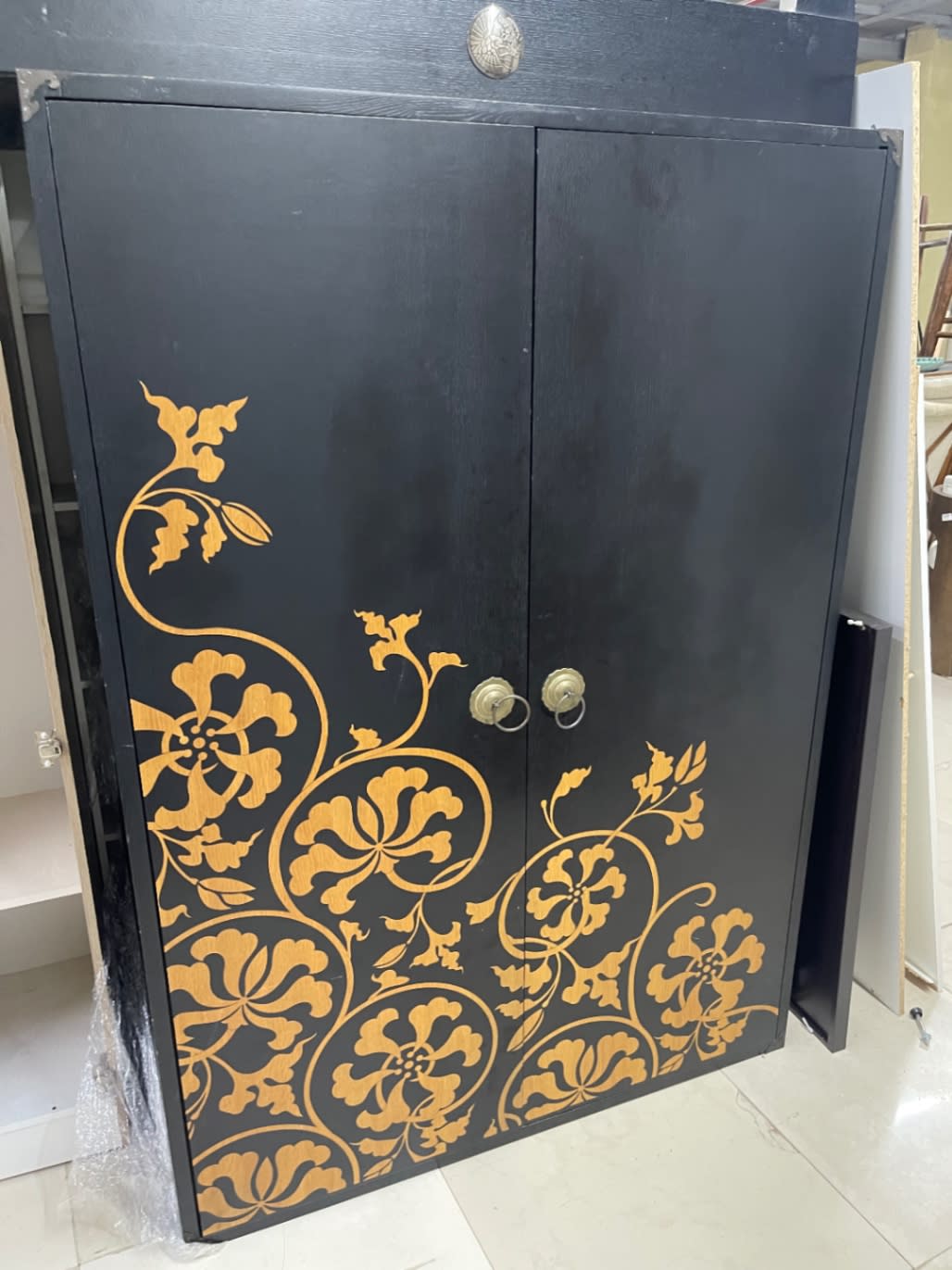 2-Door Wardrobe Black with Gold Floral Detail
