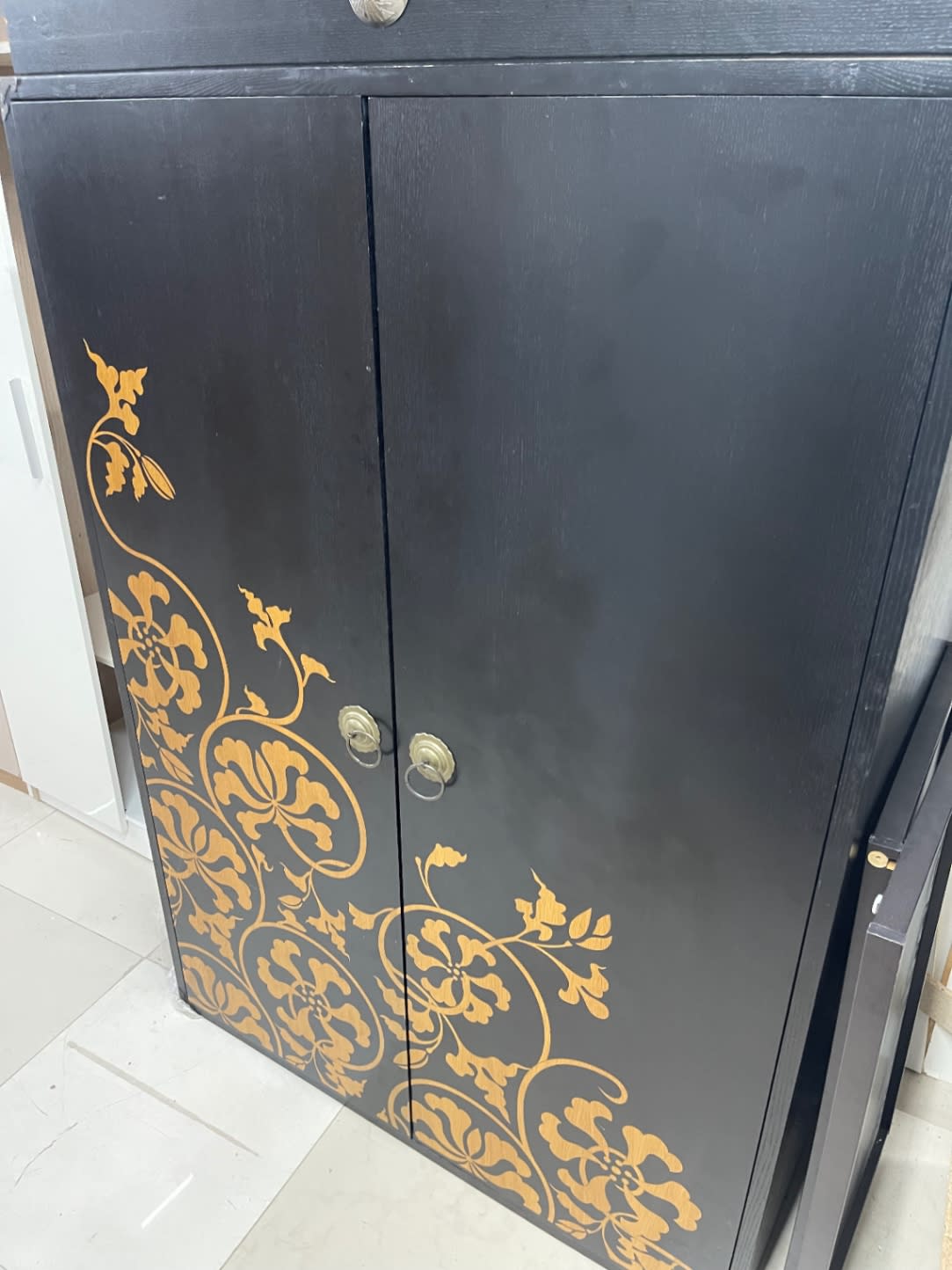 2-Door Wardrobe Black with Gold Floral Detail 3