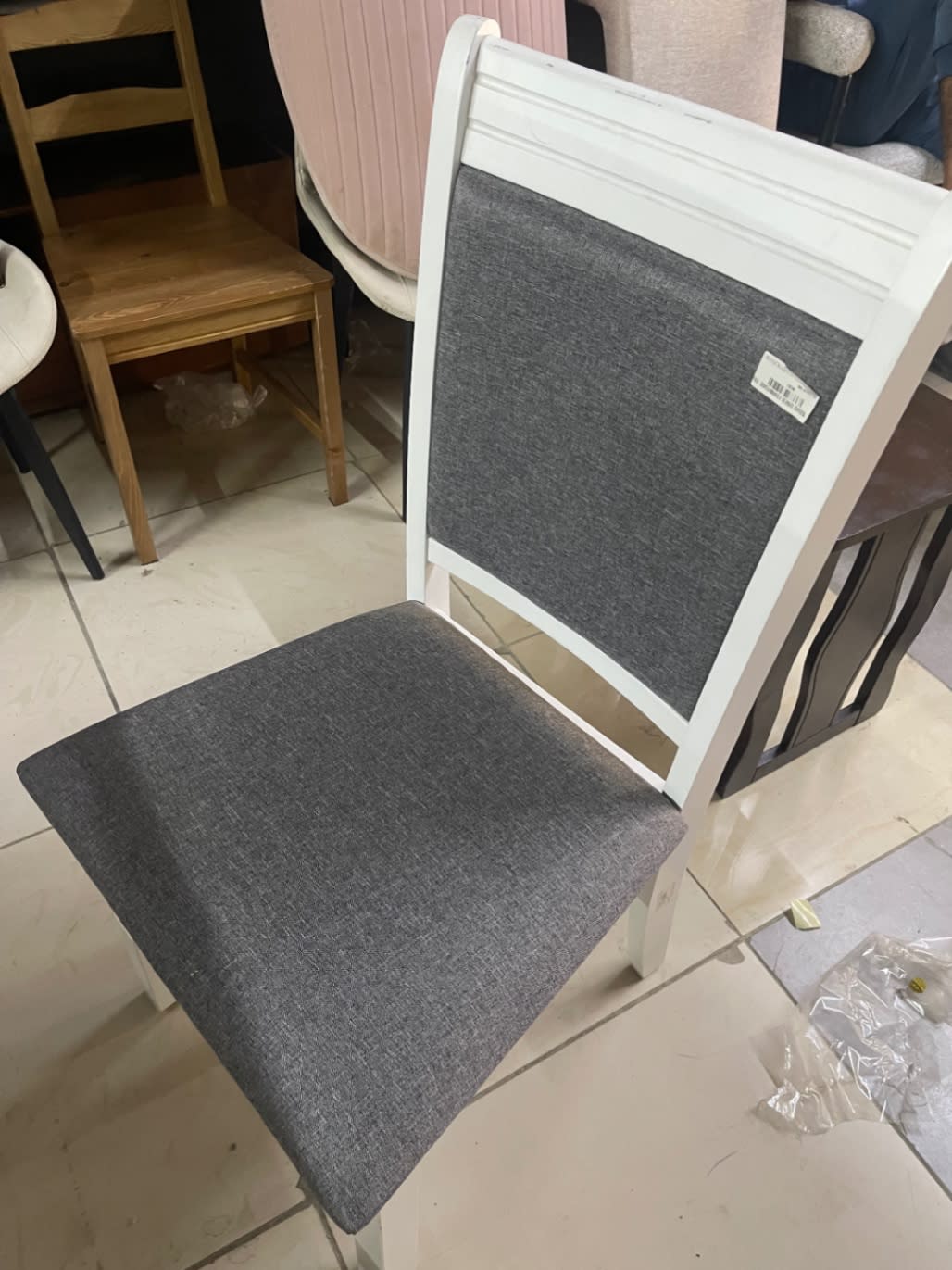 Dining Chair White Frame Grey Fabric 2