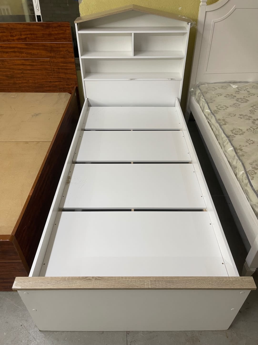 Single Kids Bed Frame with Storage and Bookcase Headboard