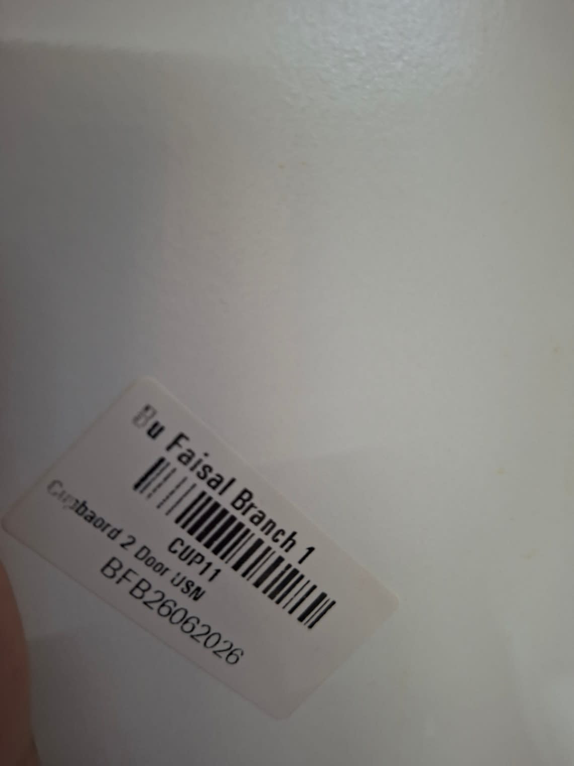 Bufaisal barcode label BFB26062026 for used white 3-door wardrobe