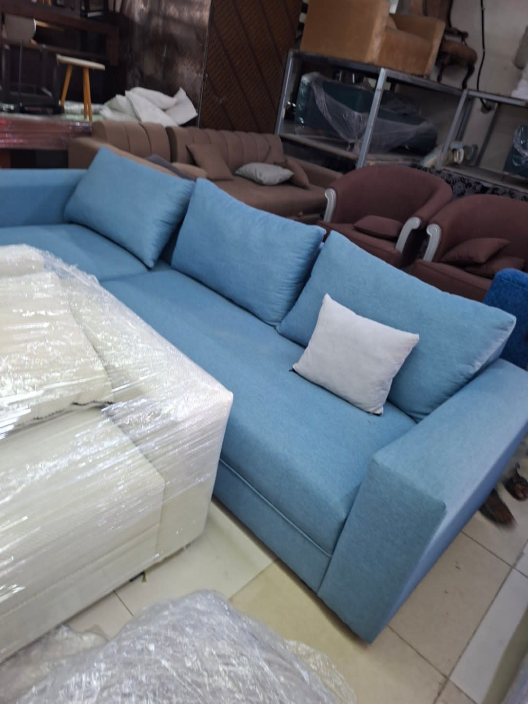 Bufaisal barcode label for new blue L-shape sectional sofa with chaise