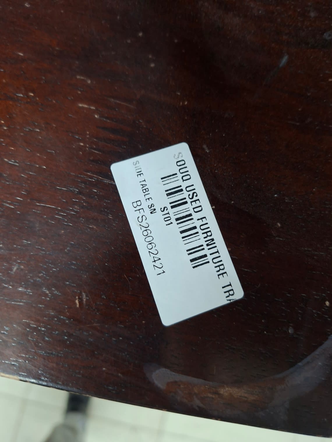 Bufaisal barcode label BFS26062421 for used wooden nightstand Side Table