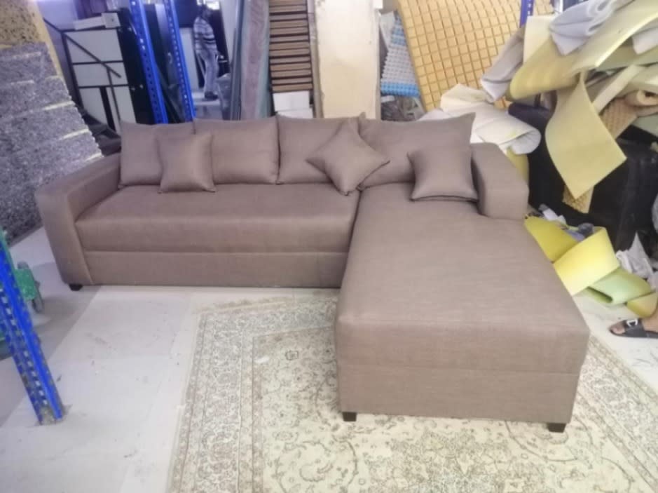 New L-shape sectional sofa in taupe brown fabric with chaise, made-to-order Bufaisal Ajman