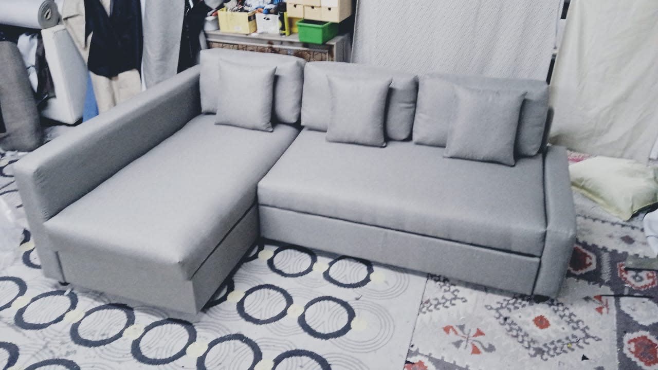 New light grey L-shape sectional sofa bed made-to-order available at Shop C Ajman