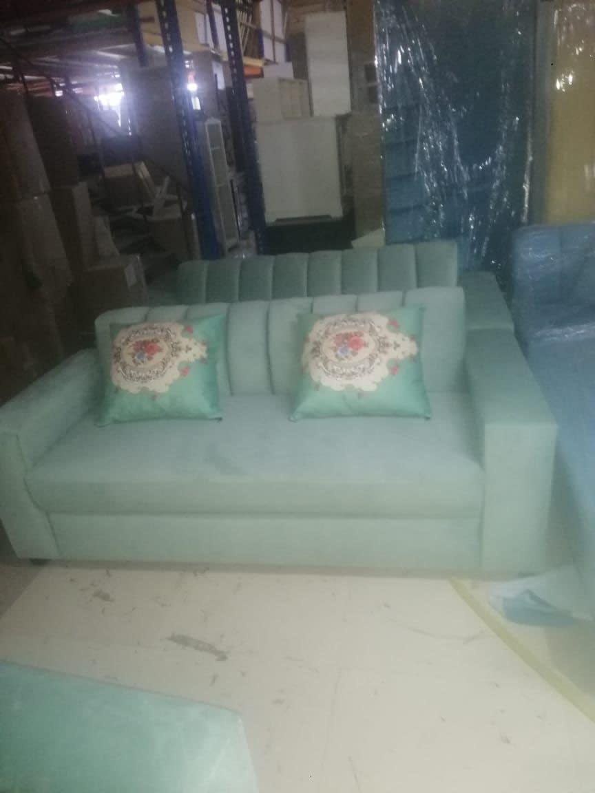 New 3-seater sofa in mint teal velvet fabric with cushions, Bufaisal Ajman