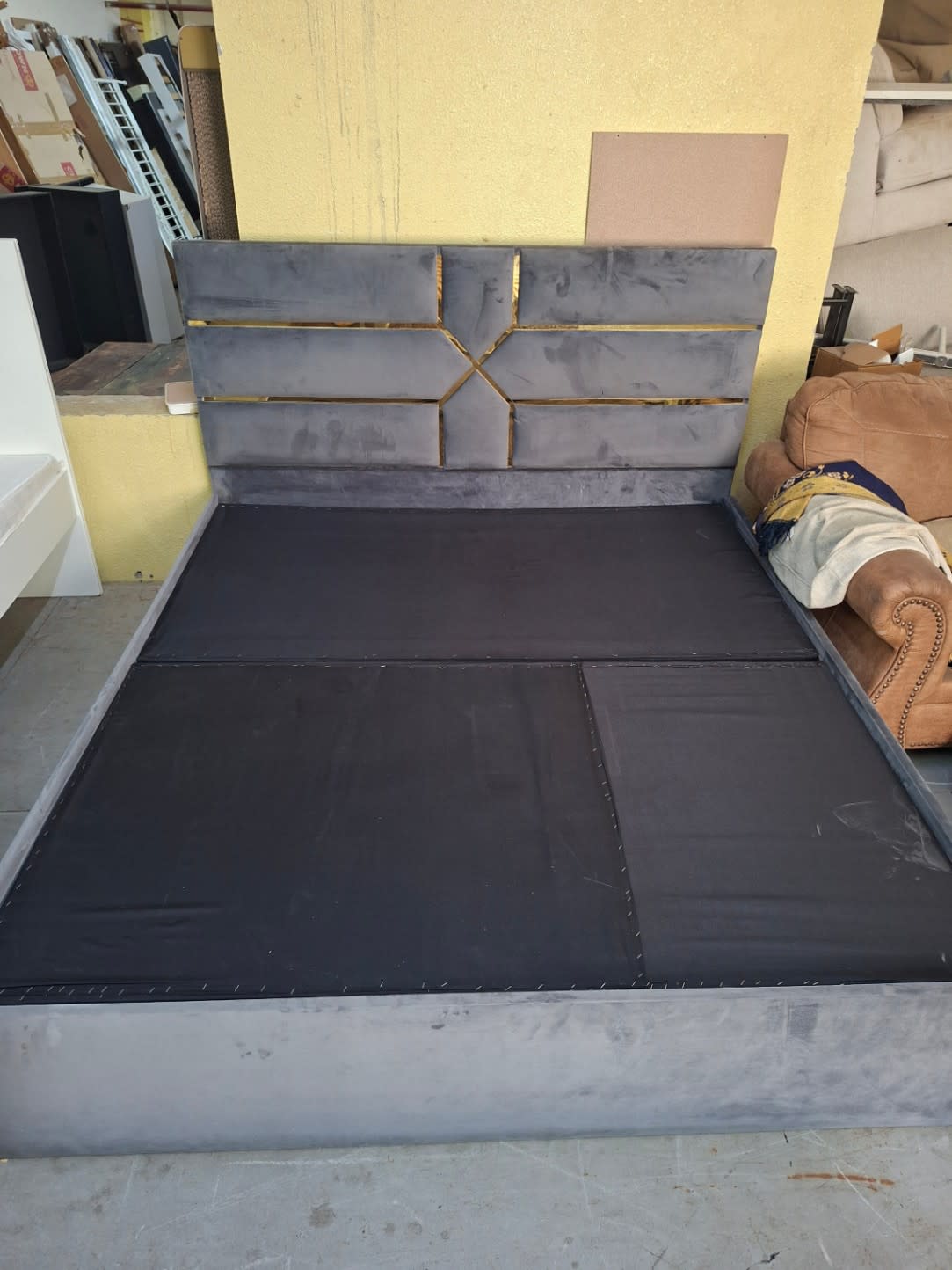 Upholstered Bed Frame with Gold-Trim Headboard