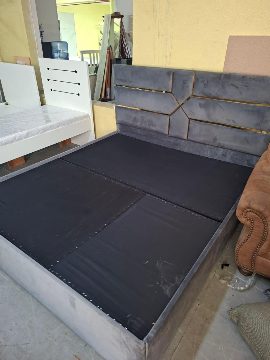 Upholstered Bed Frame with Gold-Trim Headboard 2