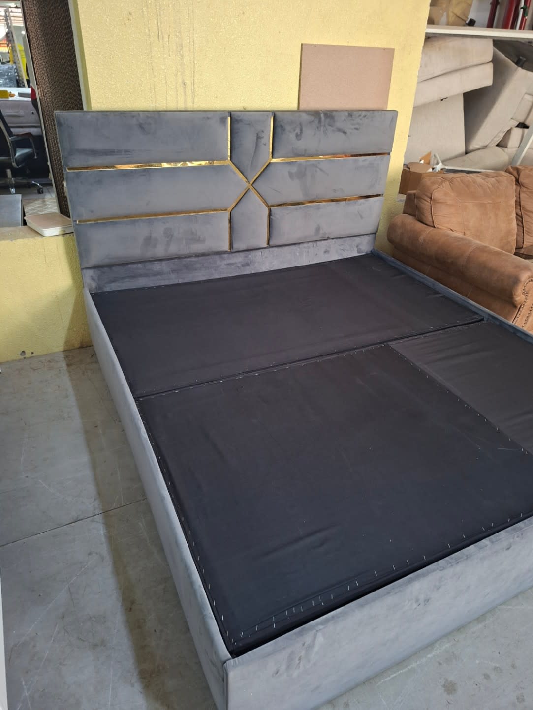 Upholstered Bed Frame with Gold-Trim Headboard 3