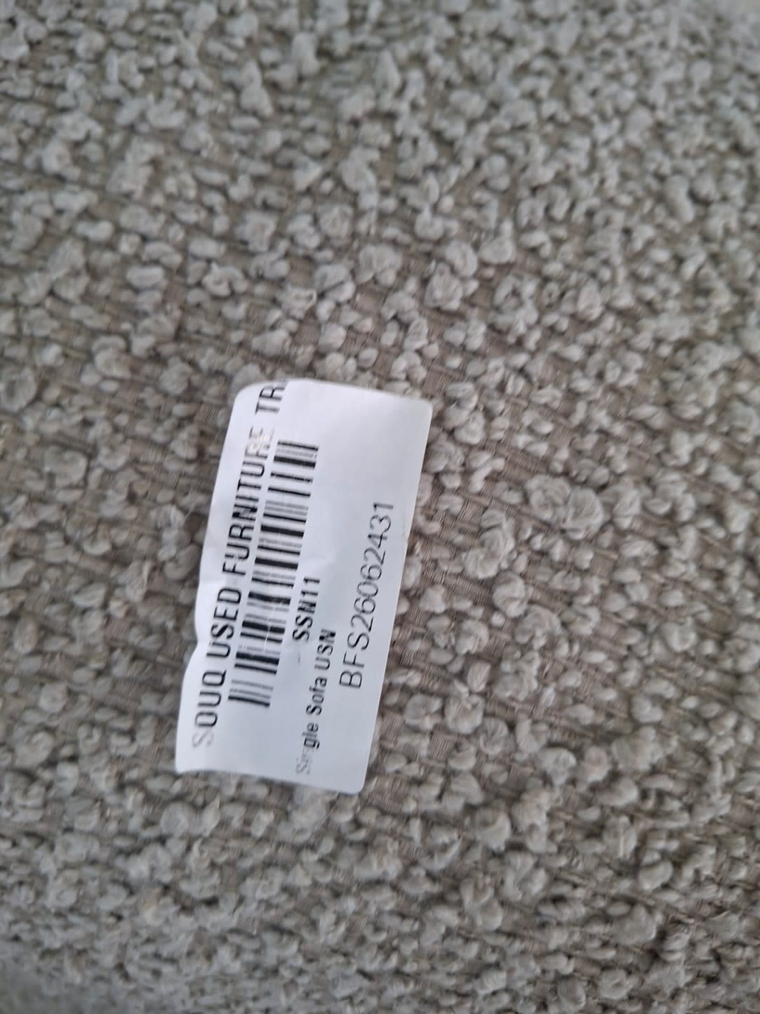 Bufaisal barcode label BFS26062431 for used L-shape sectional sofa