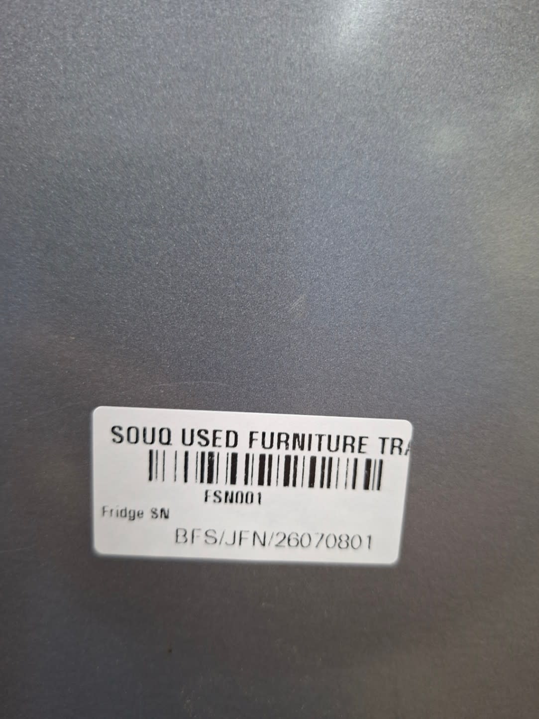Bufaisal barcode label BFS/JFN/26070801 for used Hoover top-mount refrigerator