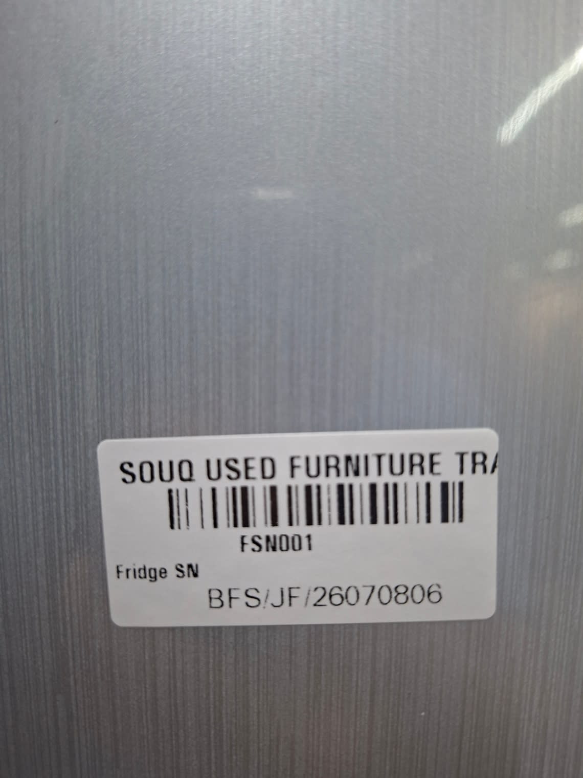 Bufaisal barcode label BFS/JF/26070806 for used Aftron top-mount refrigerator