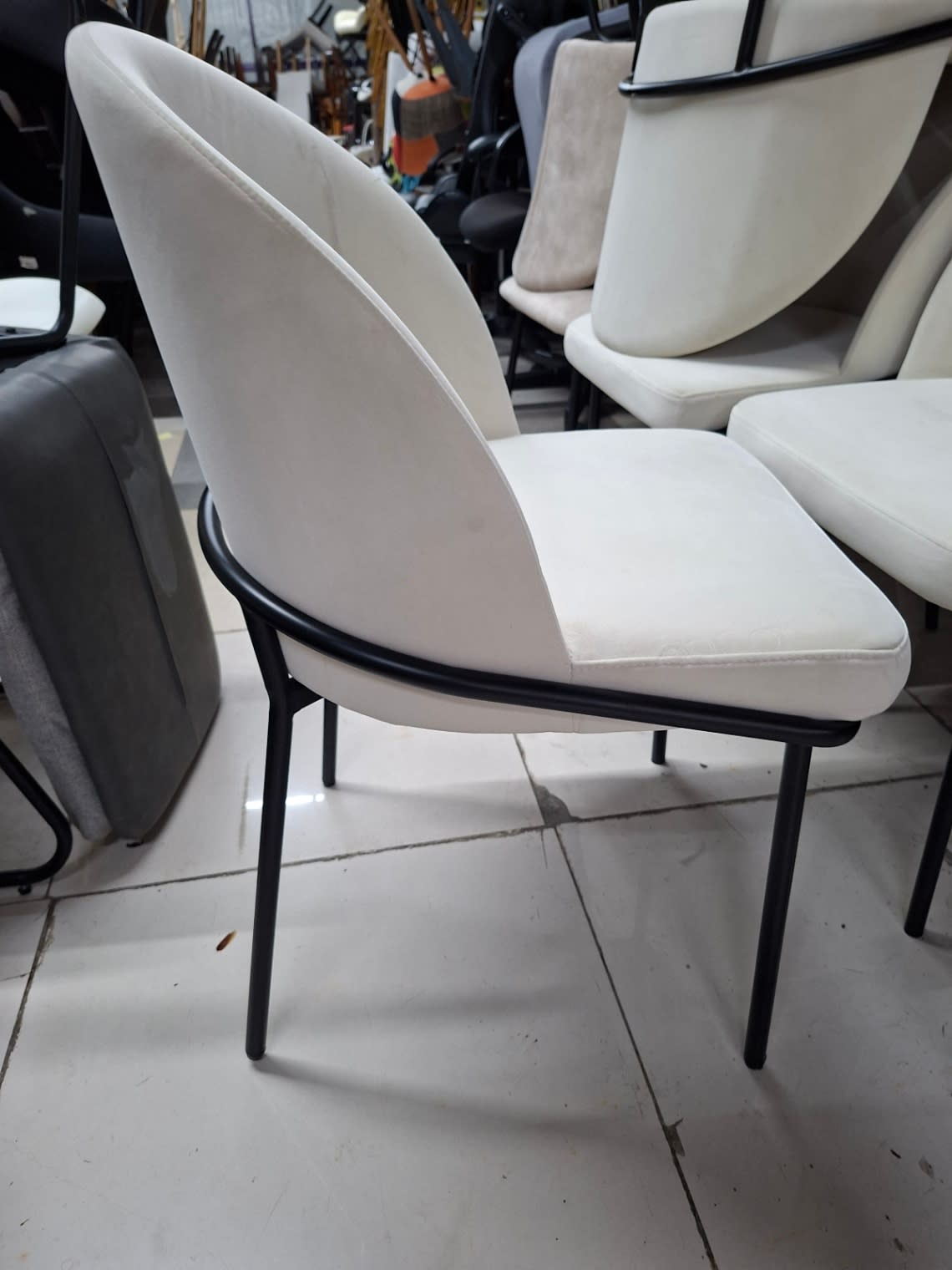Accent Dining Chair White Fabric Black Metal Legs 2