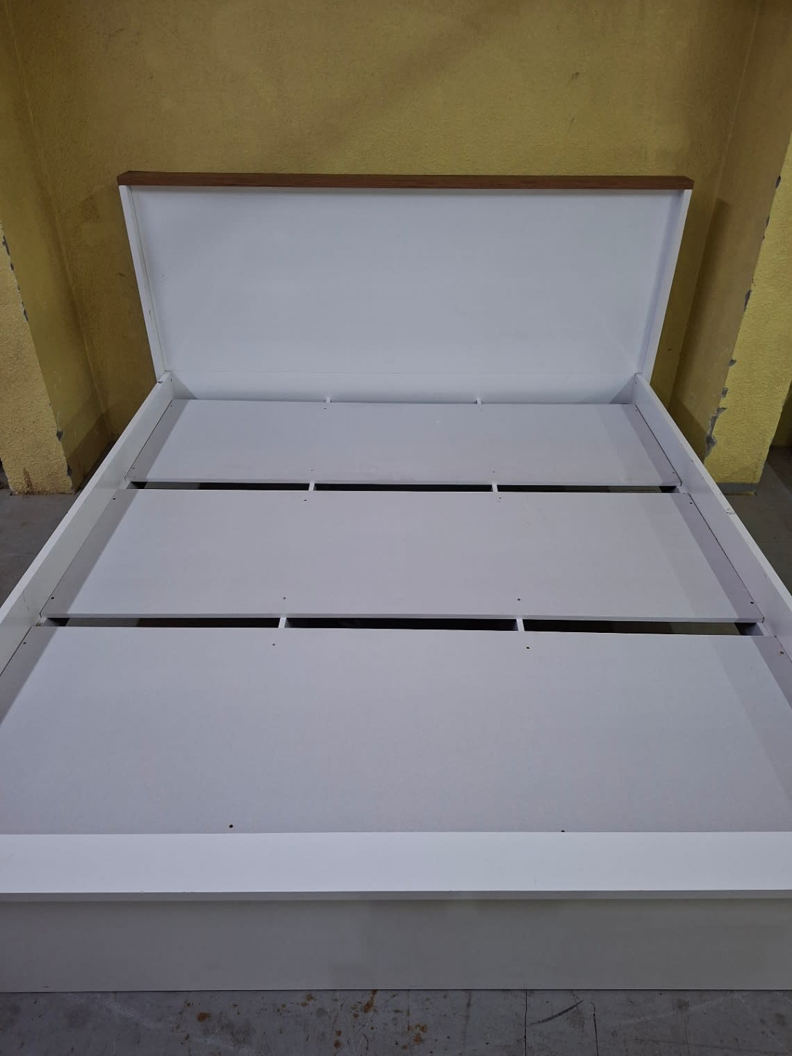 king size Bed Frame White with Walnut Headboard Trim.
