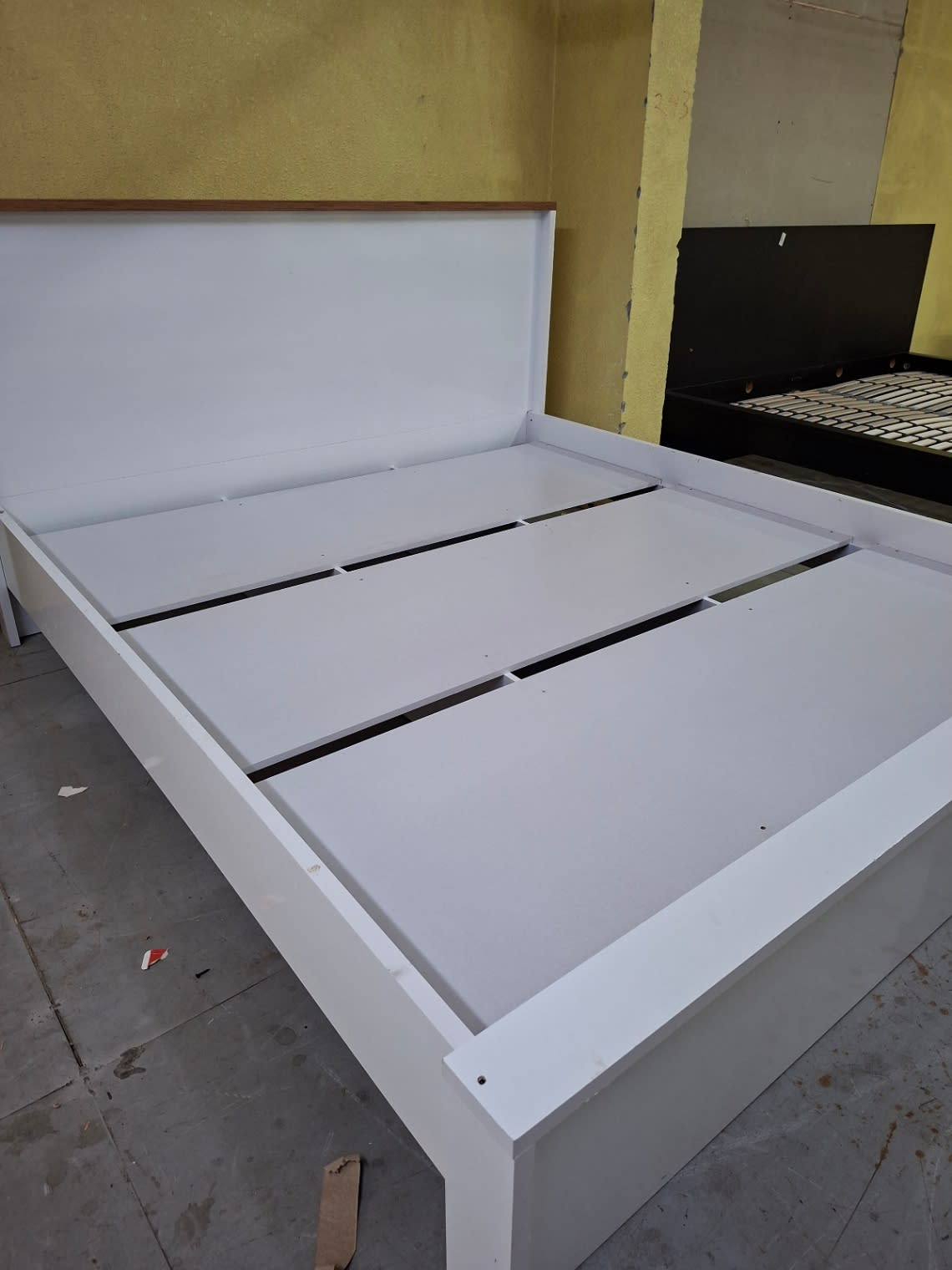 king size Bed Frame White with Walnut Headboard Trim. 2