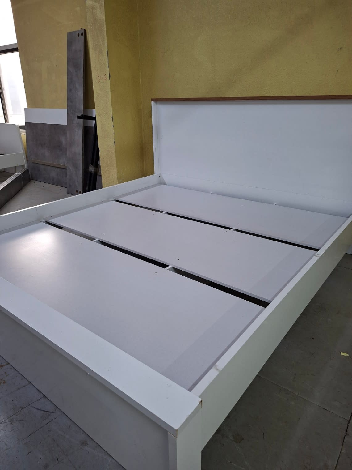 king size Bed Frame White with Walnut Headboard Trim. 3