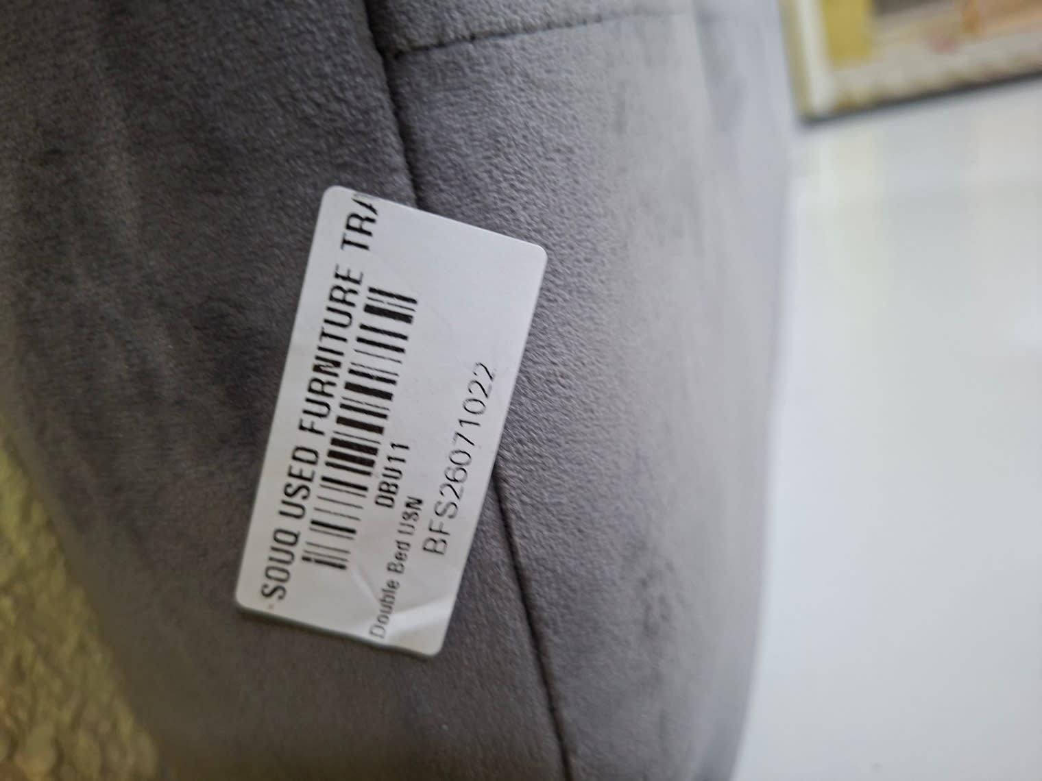 Bufaisal barcode label BFS26071022 for used grey double bed frame