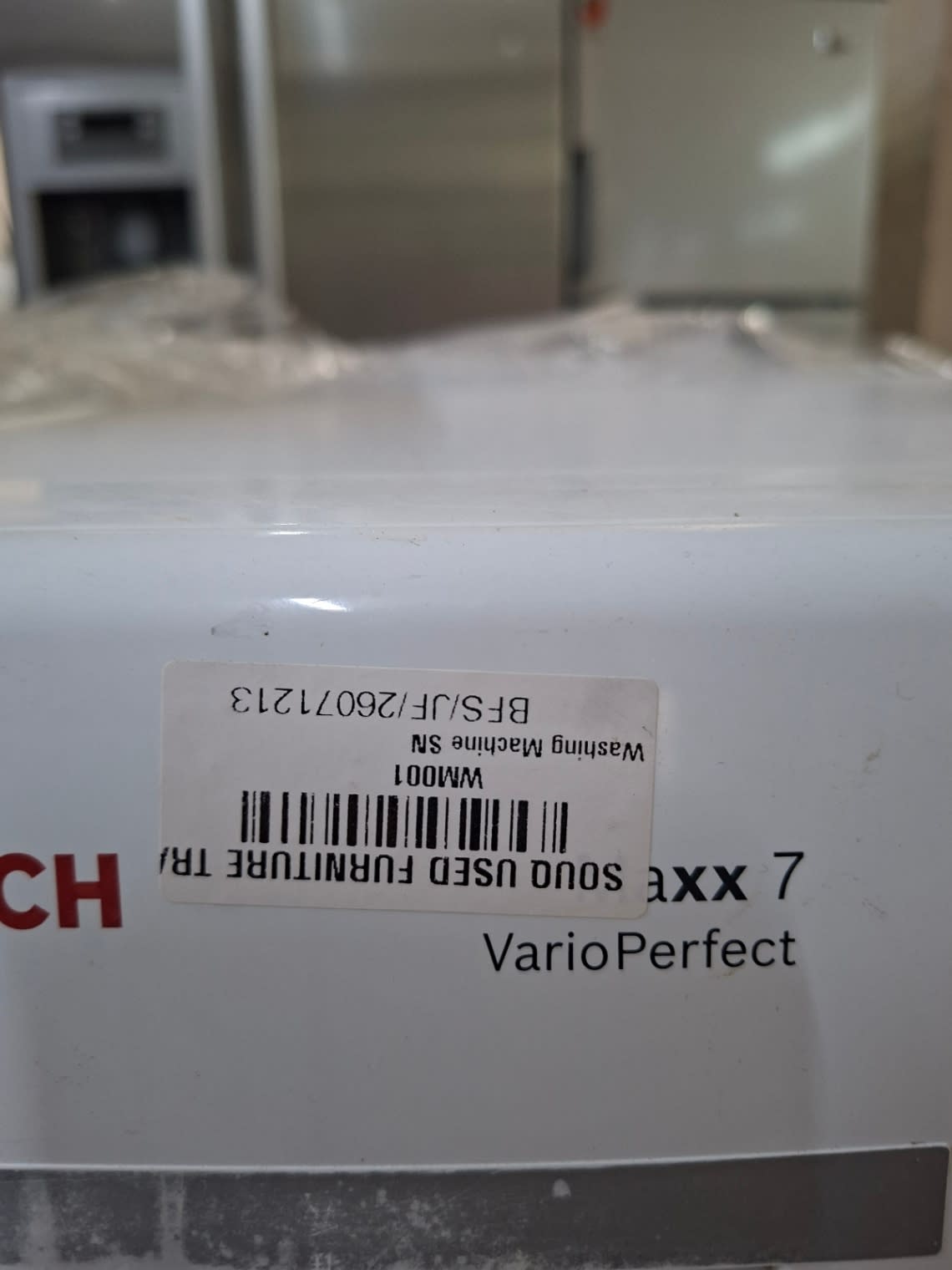Bufaisal barcode label BFS/JF/26071213 on used Bosch VarioPerfect 7kg washing machine