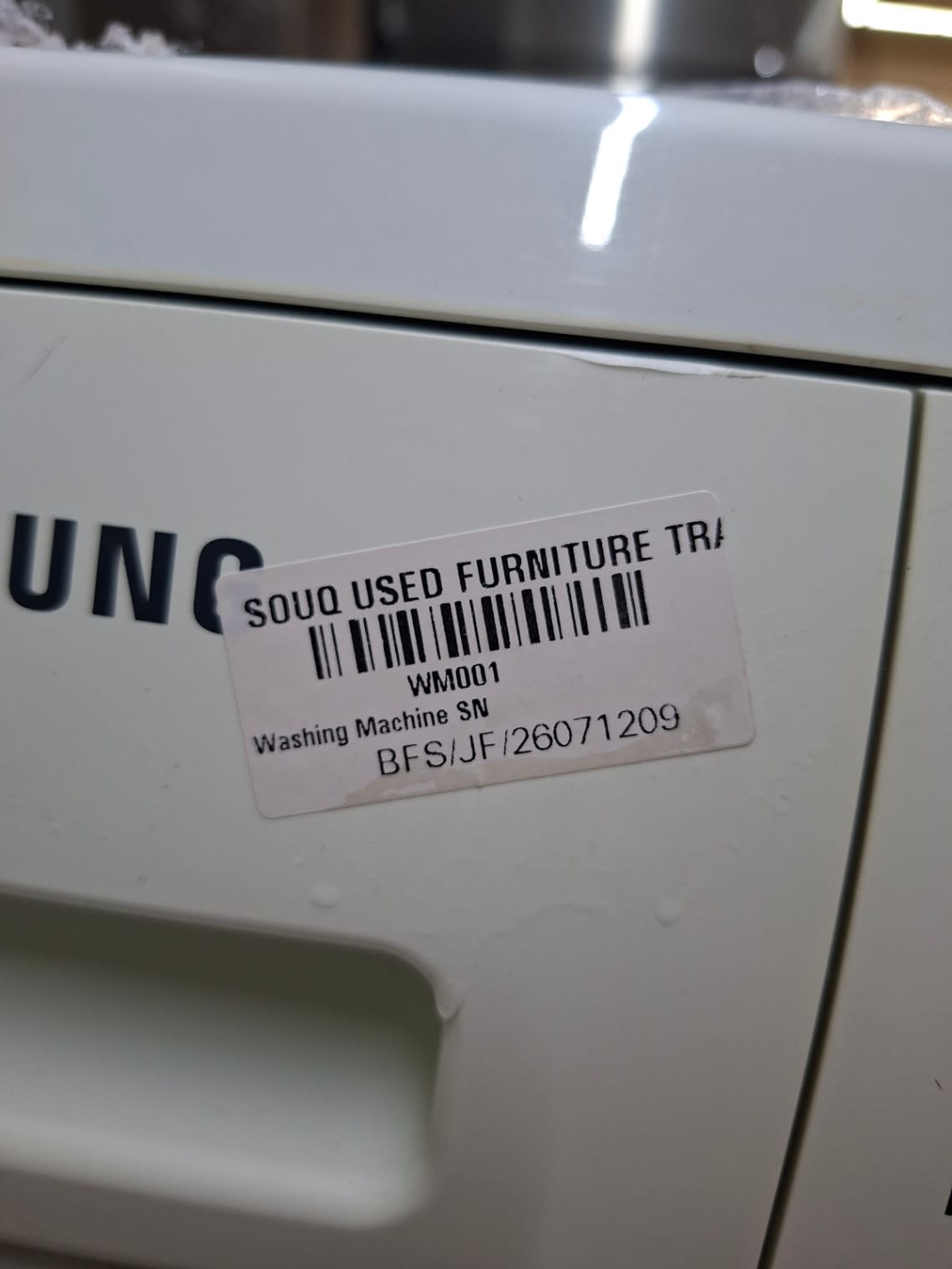 Bufaisal barcode label BFS/JF/26071209 for used Samsung 6kg front-load washing machine