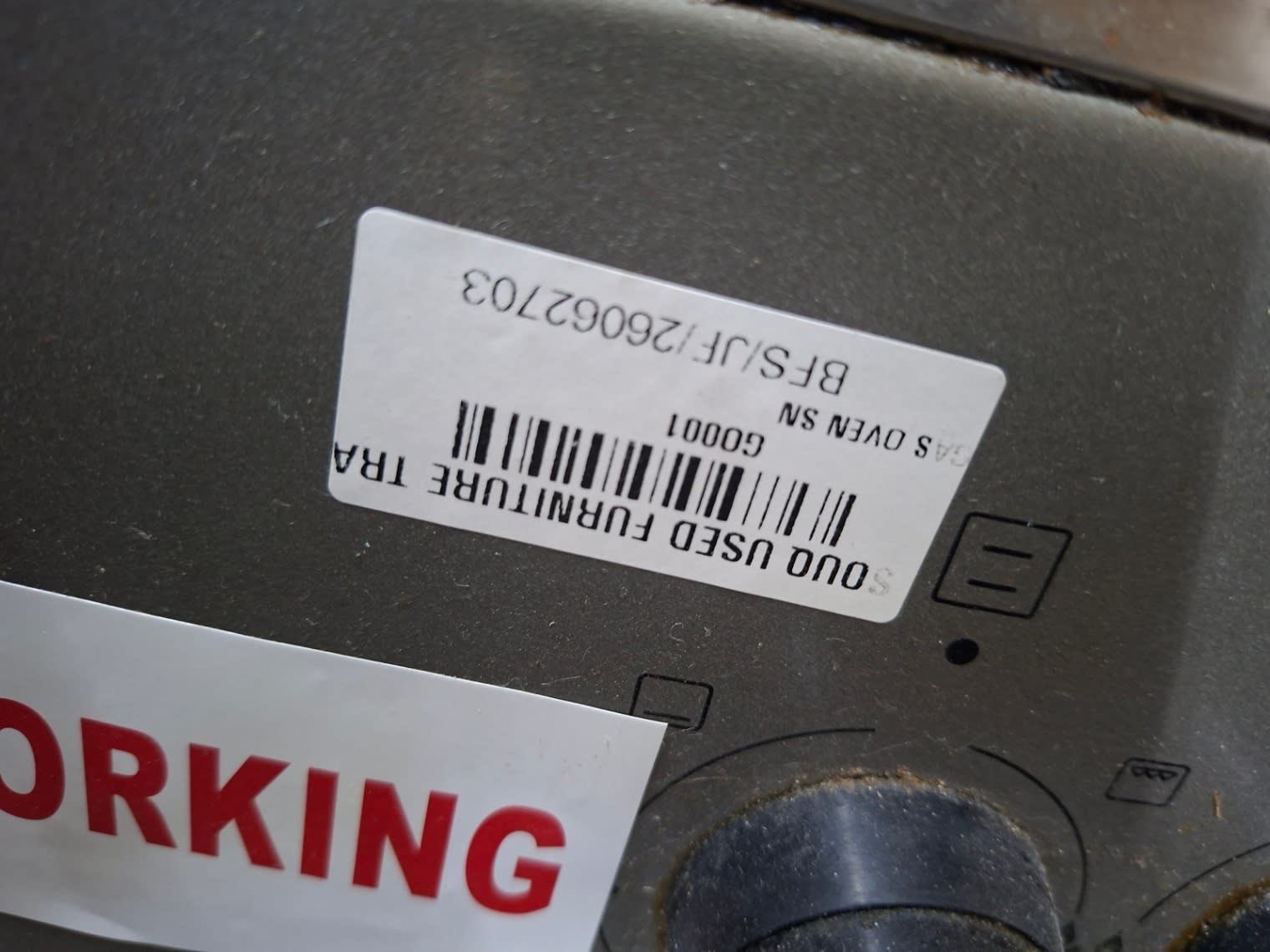 Bufaisal barcode label BFS/JF/26062703 for used Nikai 4-burner gas cooker with oven