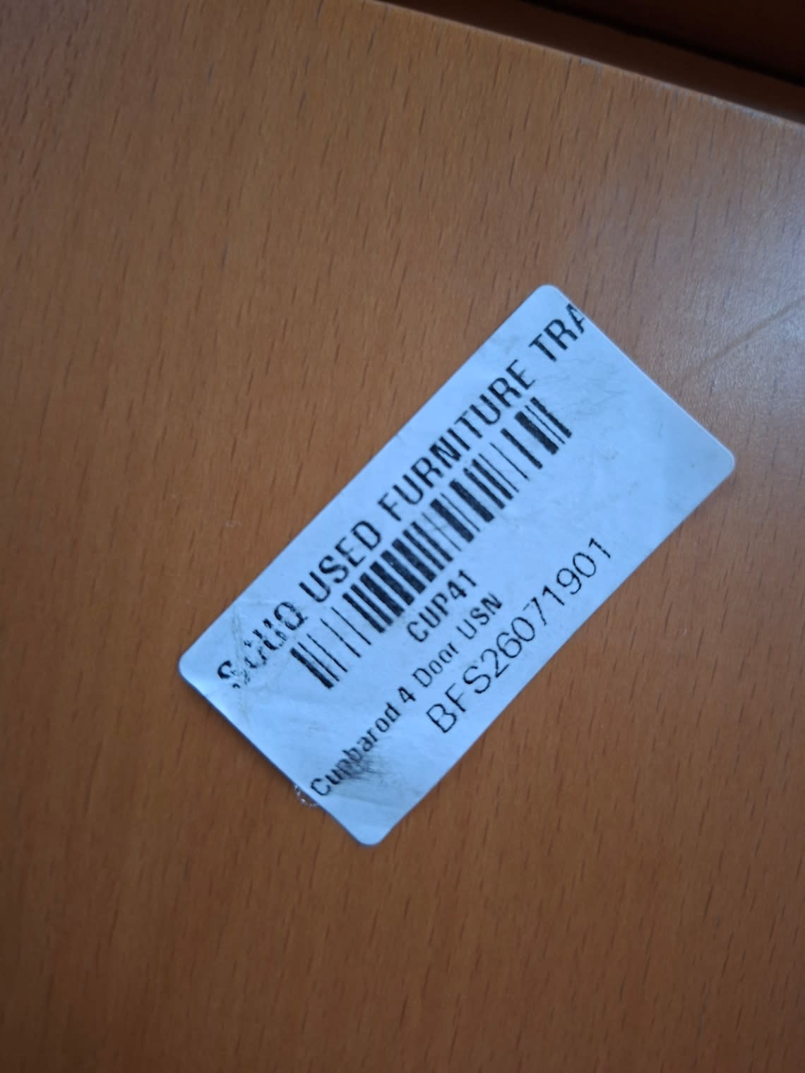 Bufaisal barcode label BFS26071901 for used 2-door wardrobe with mirror