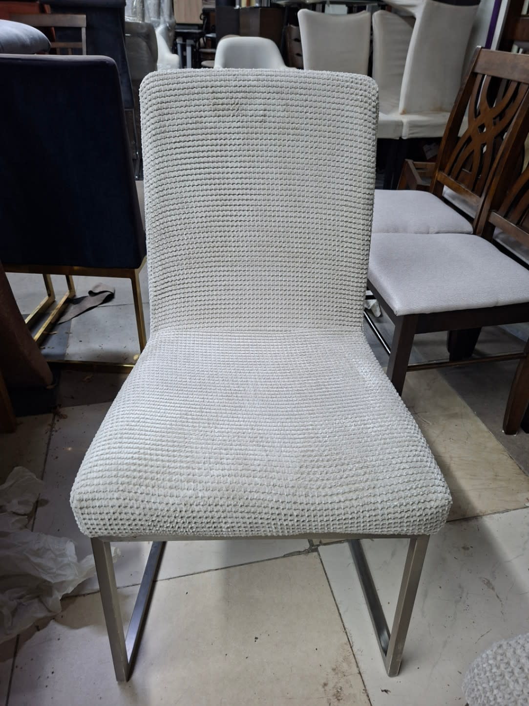 Dining Chair Cream Fabric Chrome Base