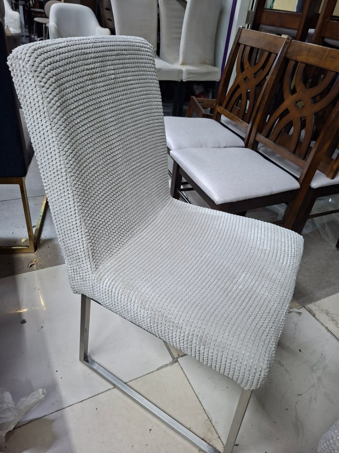 Dining Chair Cream Fabric Chrome Base 3