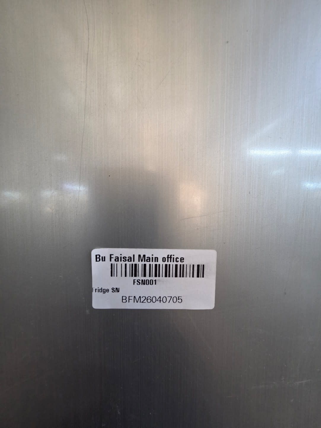 Bufaisal barcode label BFM26040705 for used Samsung side-by-side refrigerator at Shop D Ajman