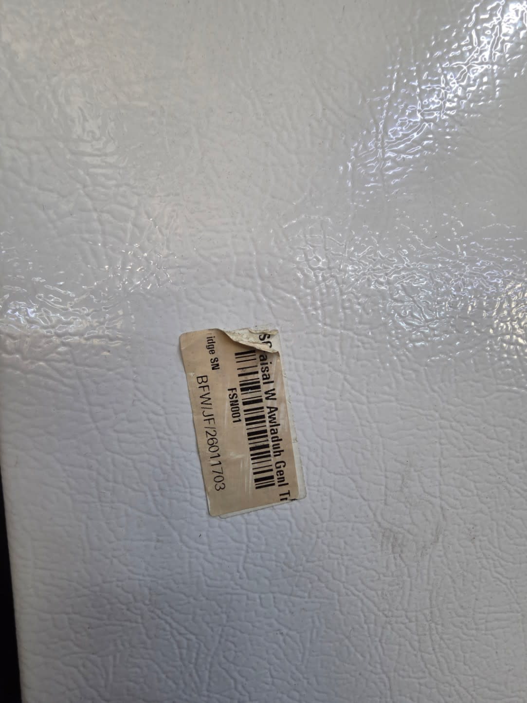 Bufaisal barcode label BFW/JF/26011703 for used Kelvinator single-door refrigerator