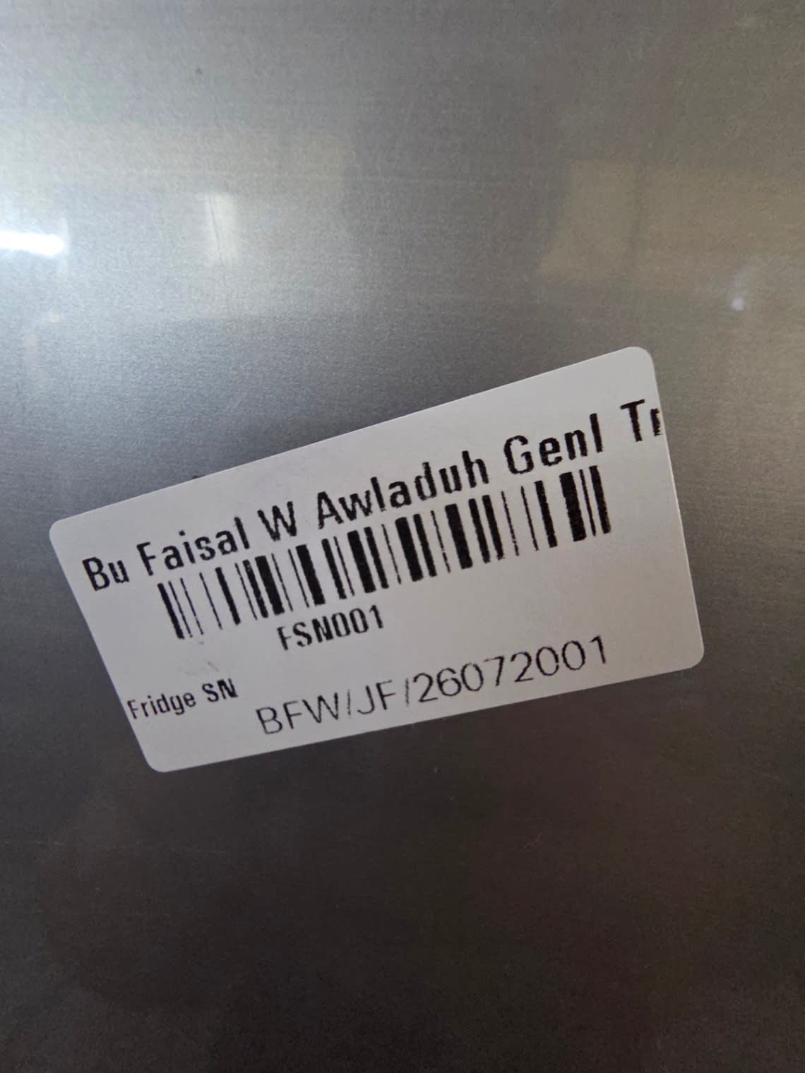 Bufaisal barcode label BFW/JF/26072001 for used Hisense top-mount refrigerator