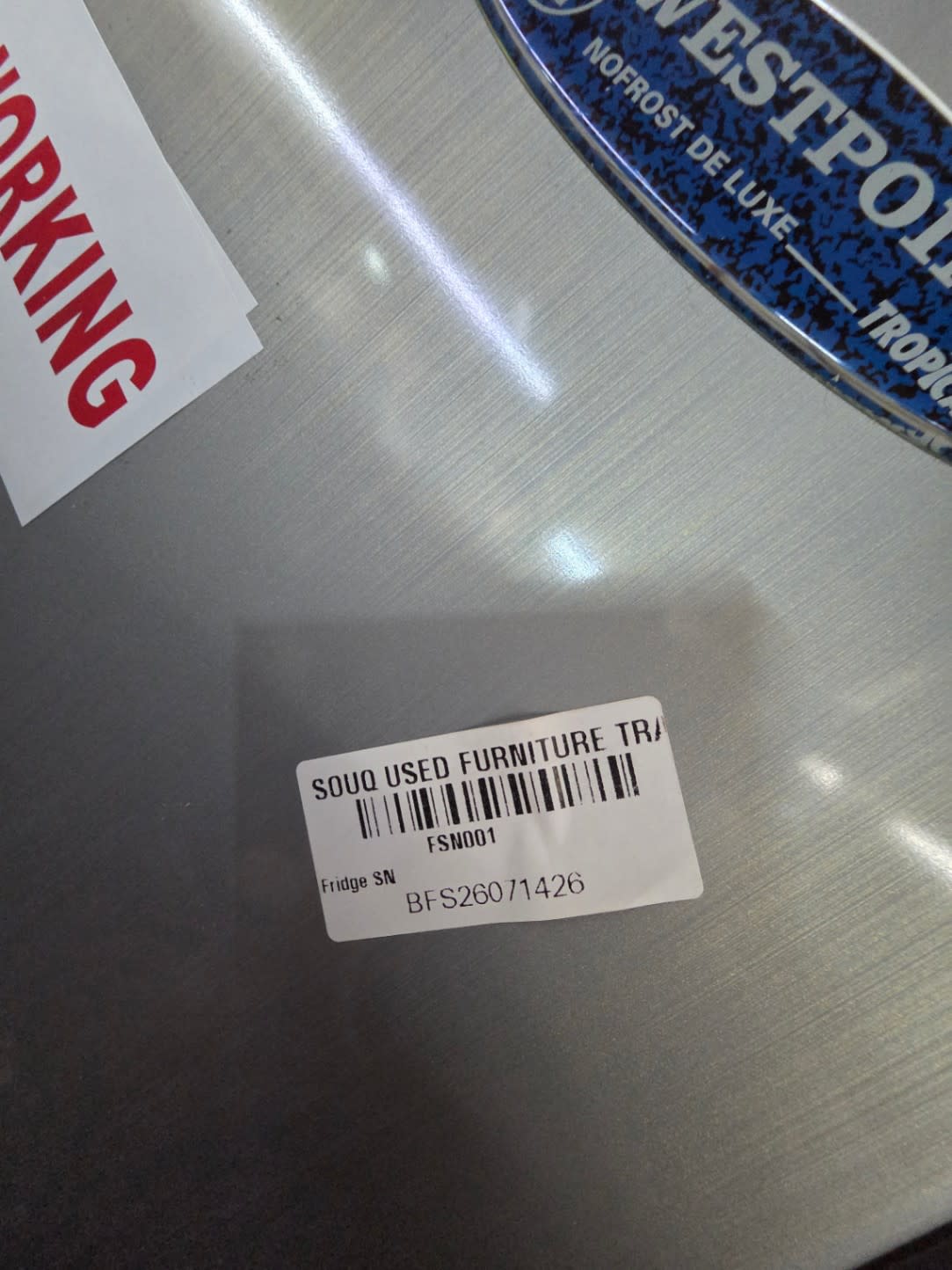 Bufaisal barcode label BFS26071426 for used Westpoint top-mount refrigerator