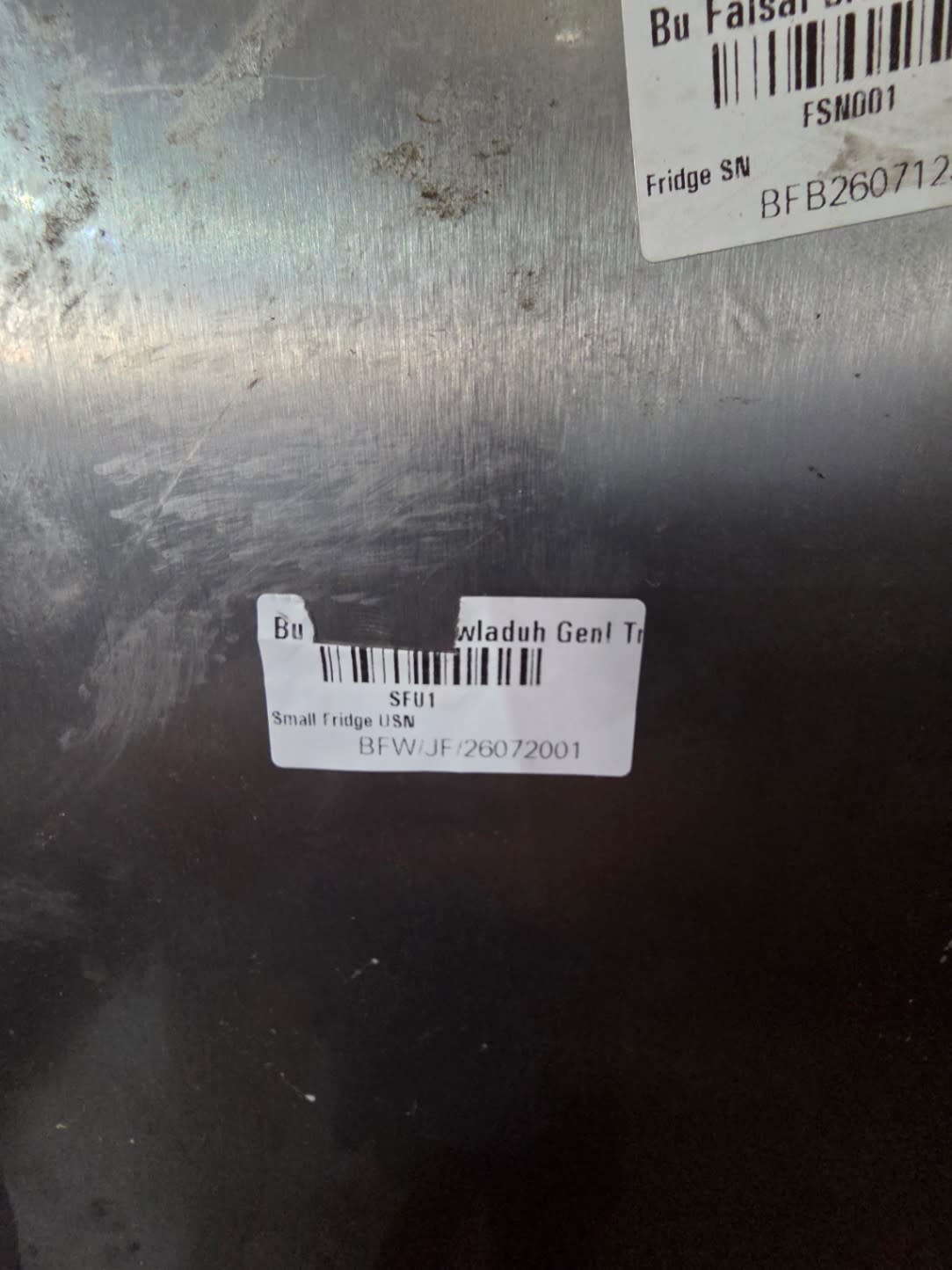 Bufaisal barcode label BFW/JF/26072001 for used Westpoint top-mount refrigerator