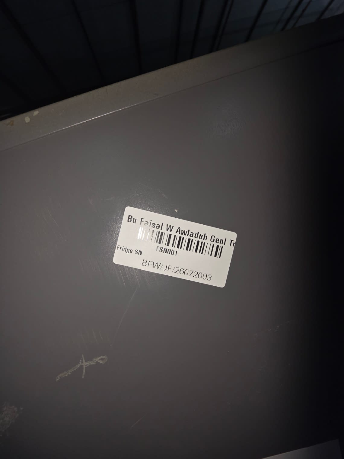 Bufaisal barcode label BFW/JF/26072003 for used top-mount refrigerator