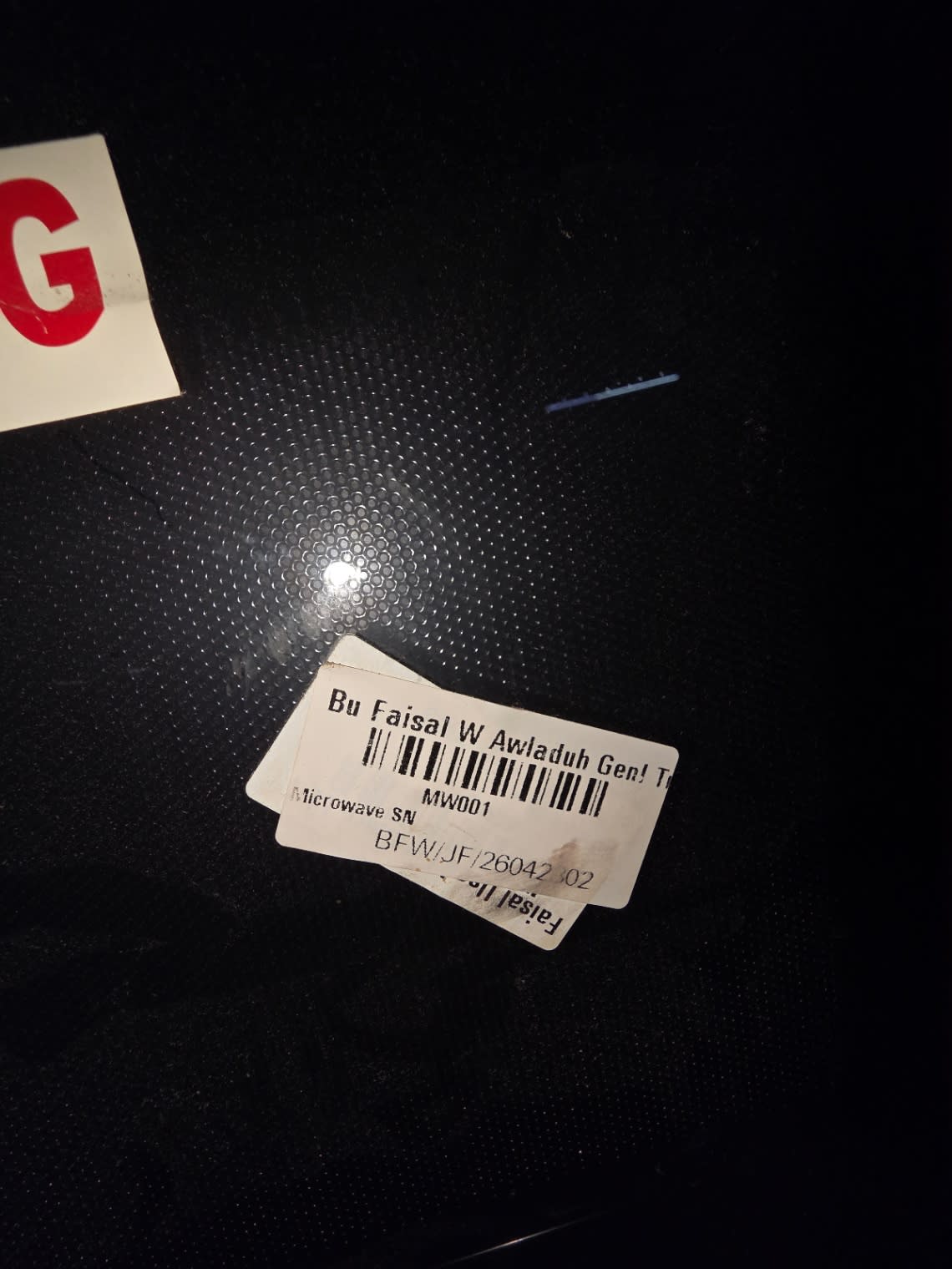 Bufaisal barcode label BFW/JF/26042 02 for used BLACK+DECKER microwave oven