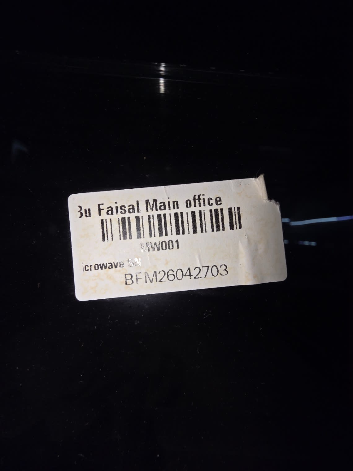 Bufaisal barcode label BFM26042703 for used black microwave oven