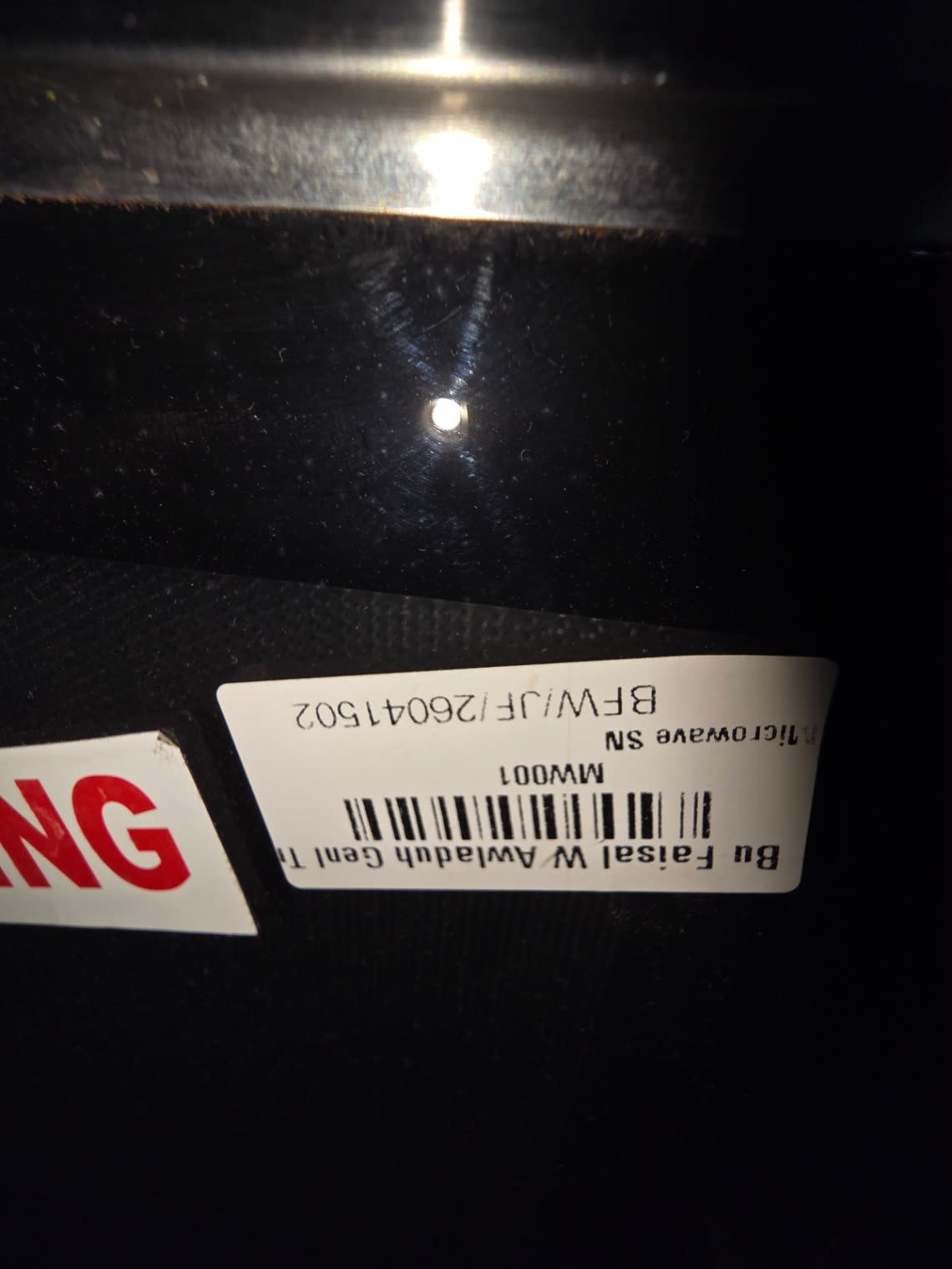 Bufaisal barcode label BFW/JF/26041502 for used Menumaster commercial microwave, Jurf facility