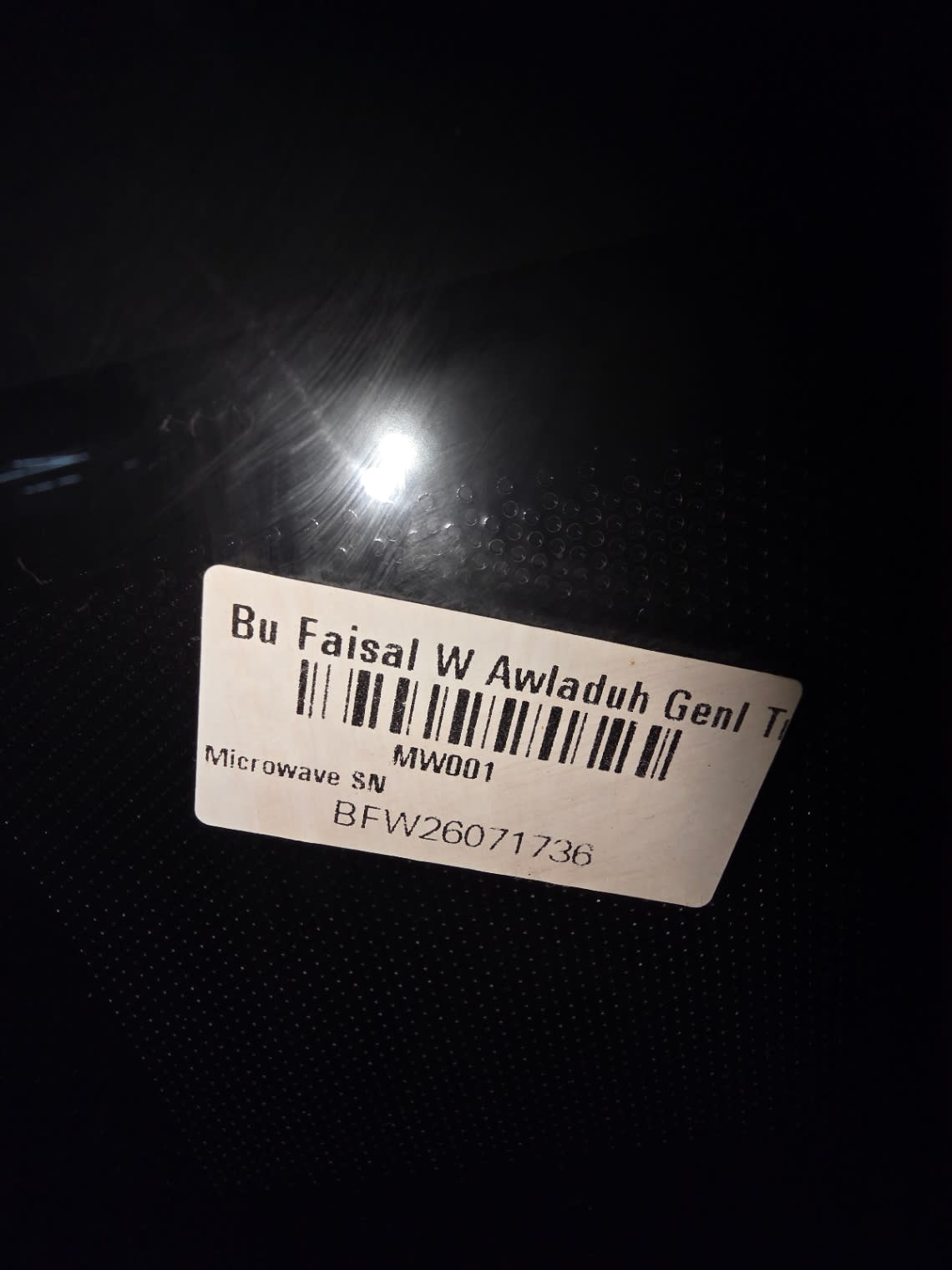 Bufaisal barcode label BFW26071736 for used BLACK+DECKER microwave oven