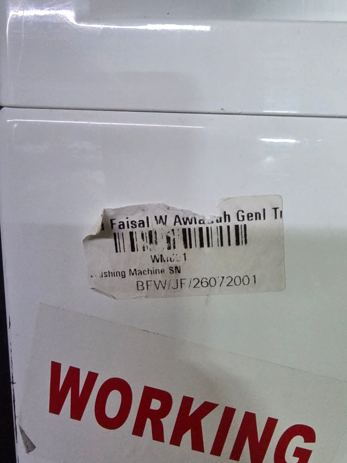 Bufaisal barcode label BFW/JF/26072001 on used Samsung front-load washing machine