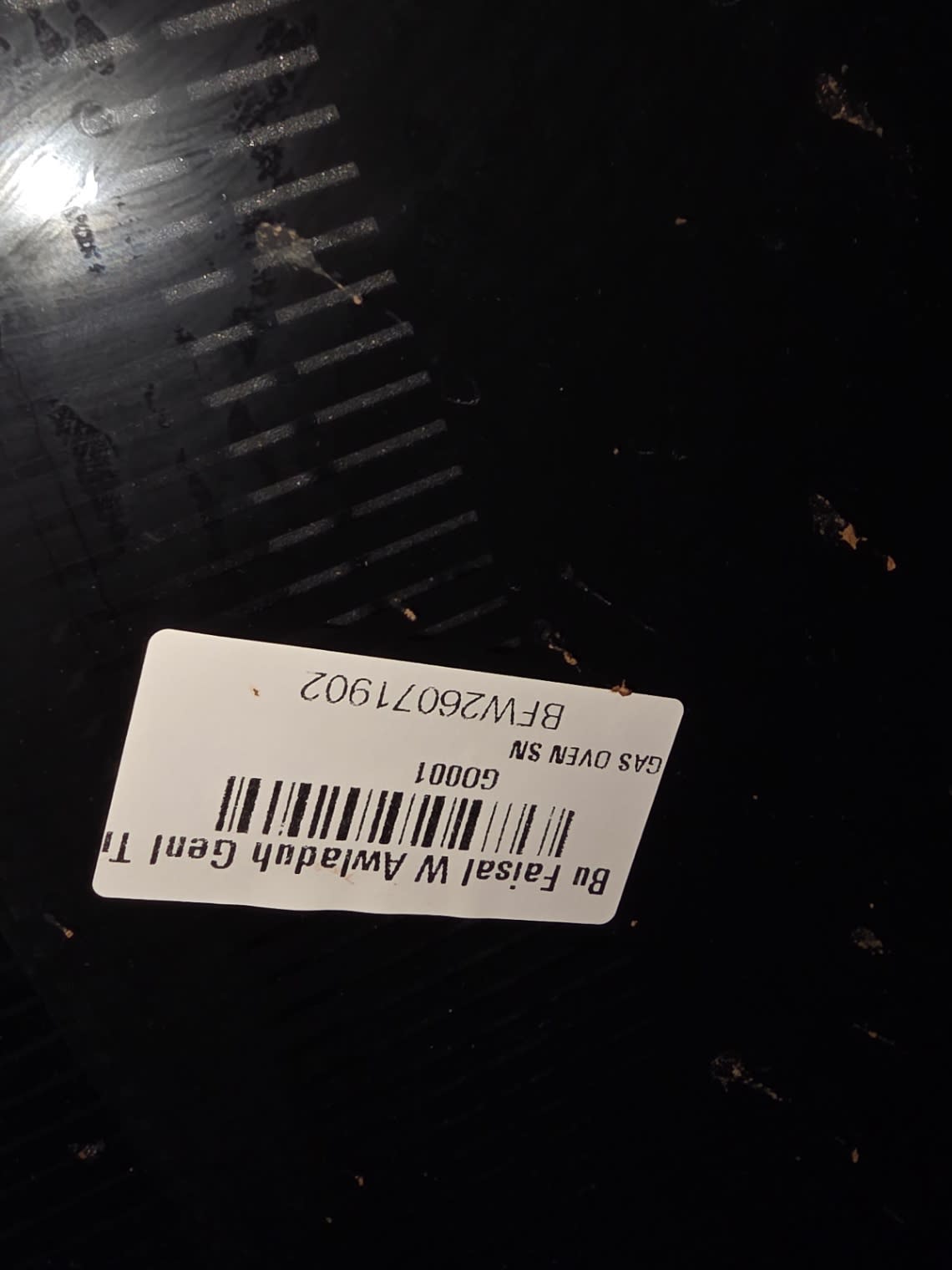 Bufaisal barcode label BFW26071902 for used Veneto gas cooker with oven