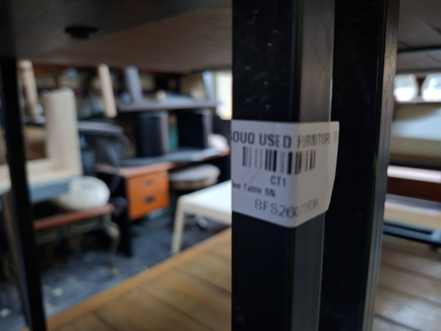Bufaisal barcode label BFS26011836 for used live-edge coffee table at Shop C Ajman