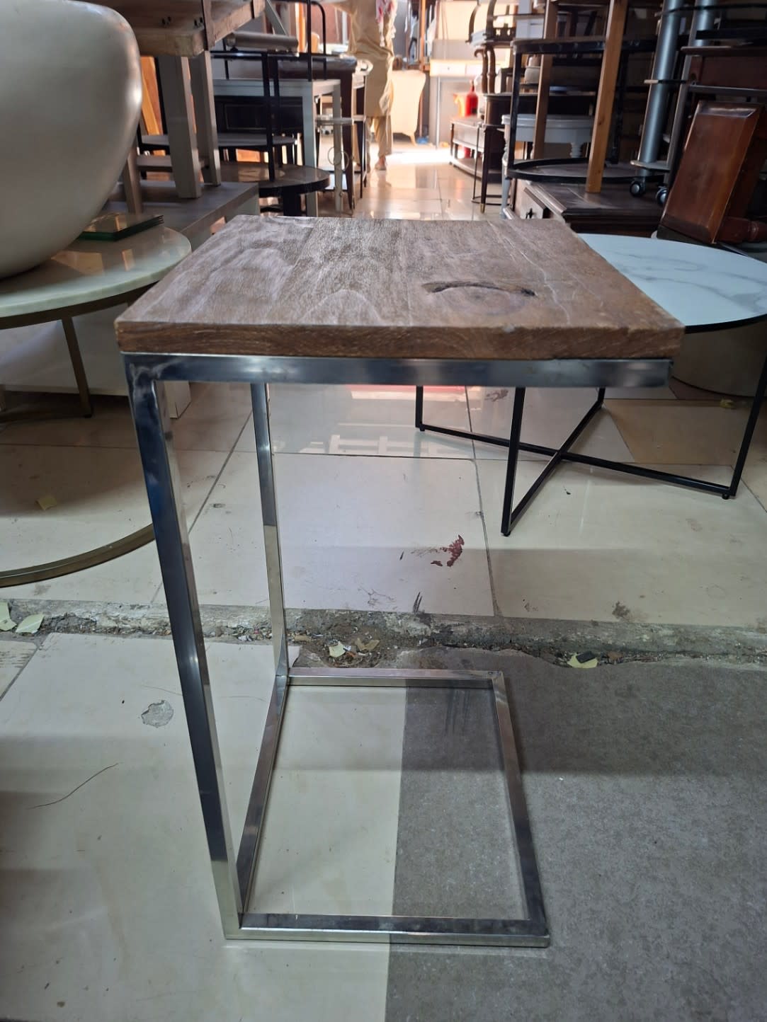 Side Table with Wood Top and Chrome Frame