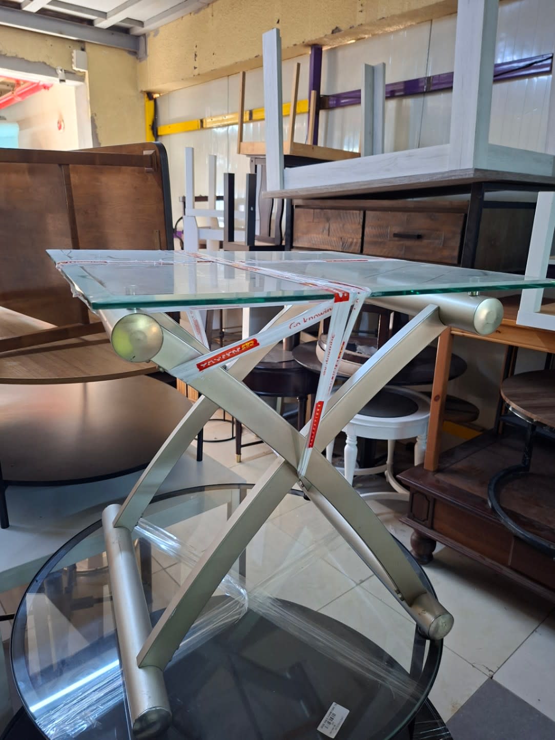 Glass-Top Coffee Table with X-Frame Metal Base