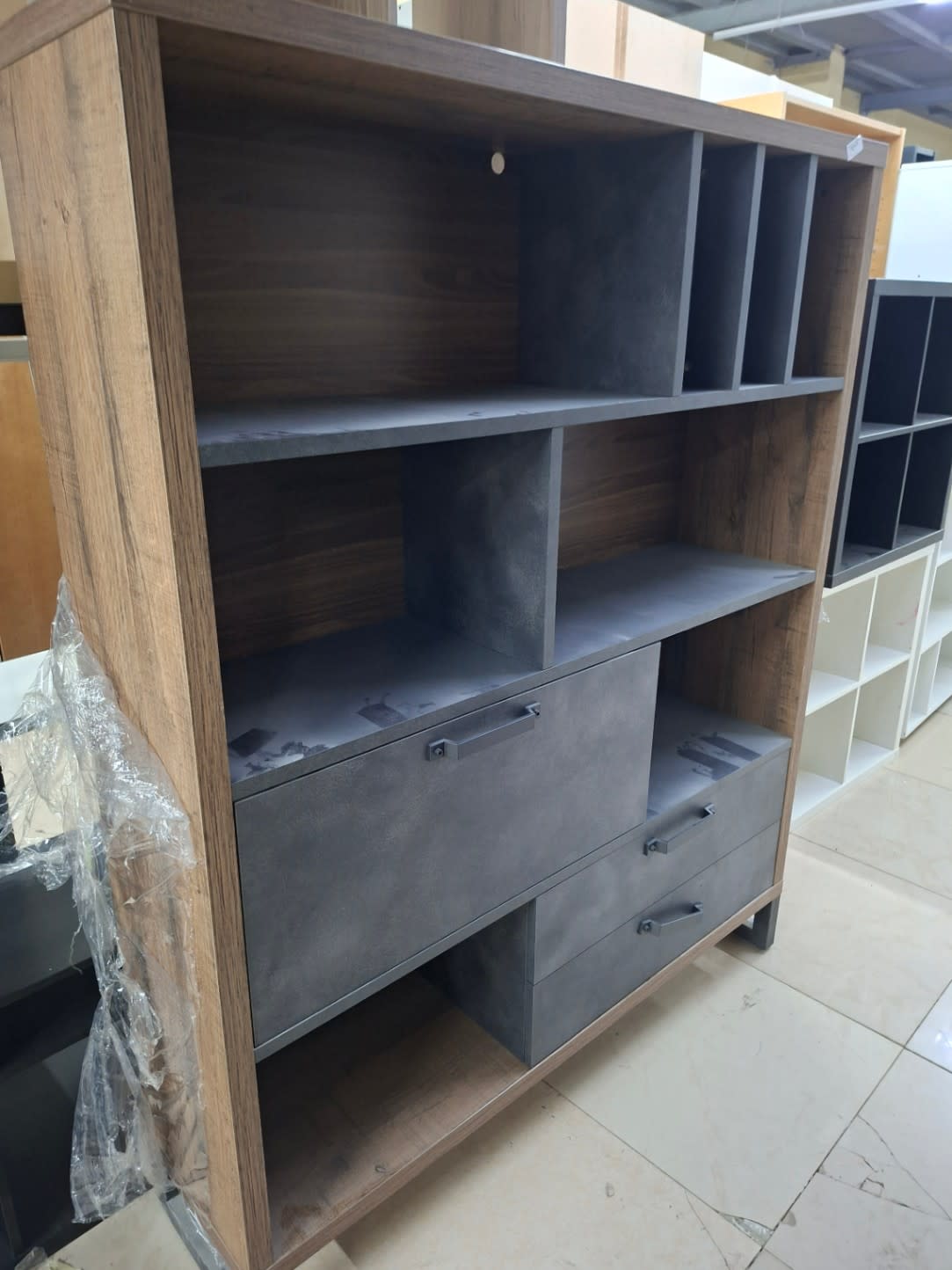 Shelving Unit with Drawers and Drop-Down Cabinet