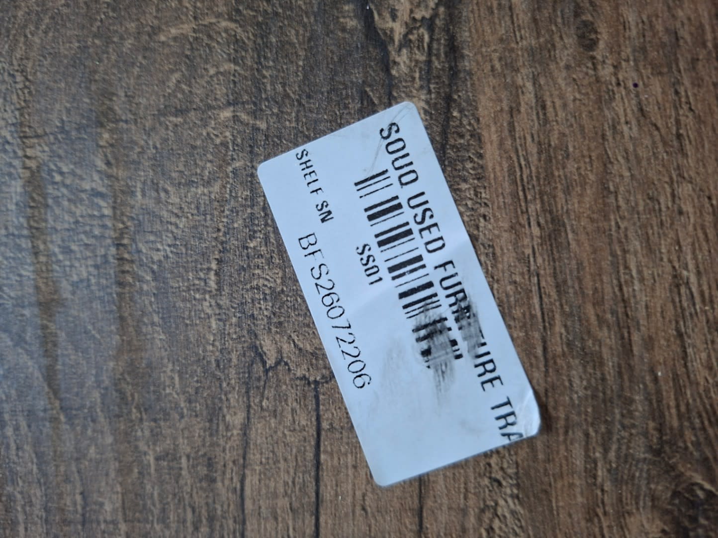 Bufaisal barcode label BFS26072206 for used TV stand with drawers and open shelves