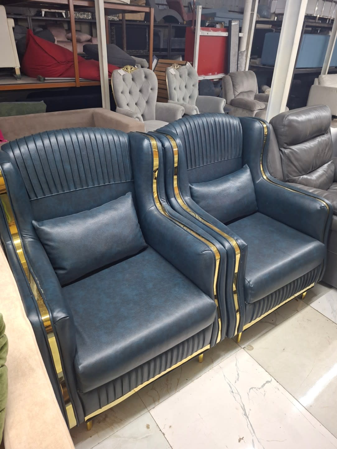 Wingback Accent Chair Blue Faux Leather with Gold Trim