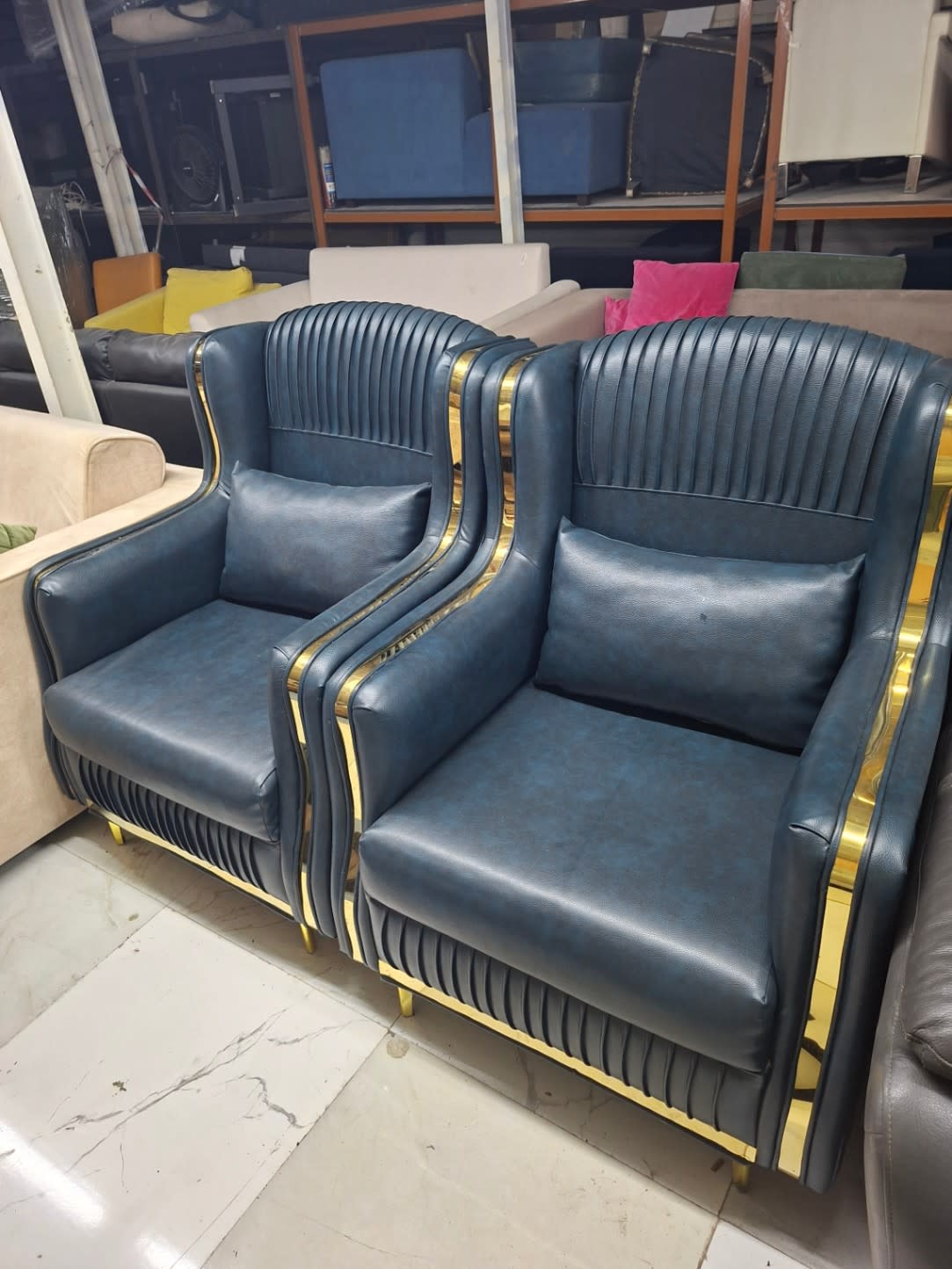 Wingback Accent Chair Blue Faux Leather with Gold Trim 2