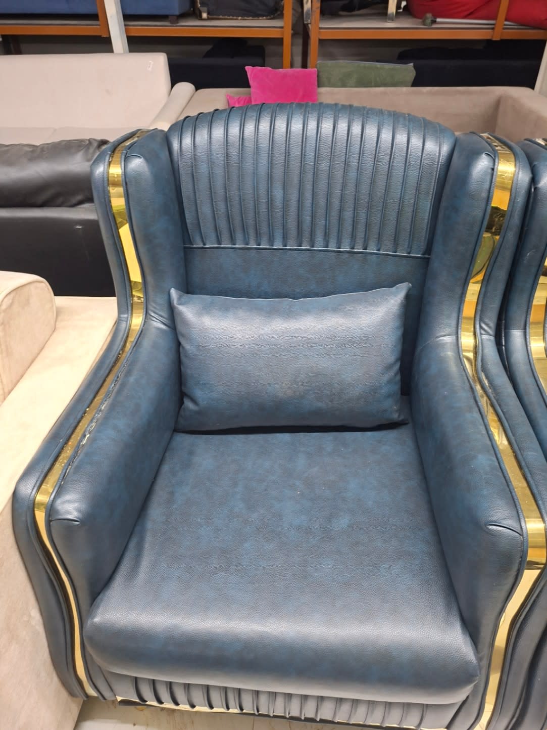 Wingback Accent Chair Blue Faux Leather with Gold Trim 3