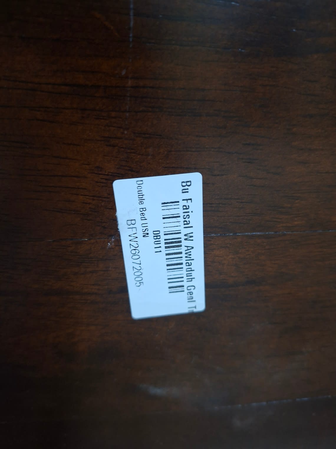 Bufaisal barcode label BFW26072005 for used double bed frame
