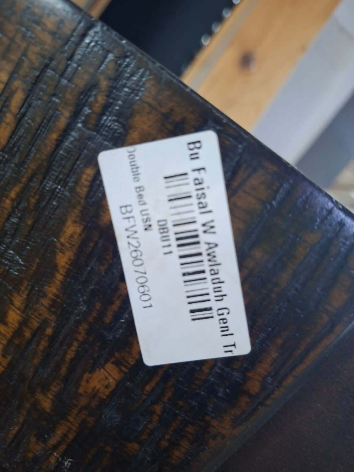 Bufaisal barcode label BFW26070601 for used double bed frame